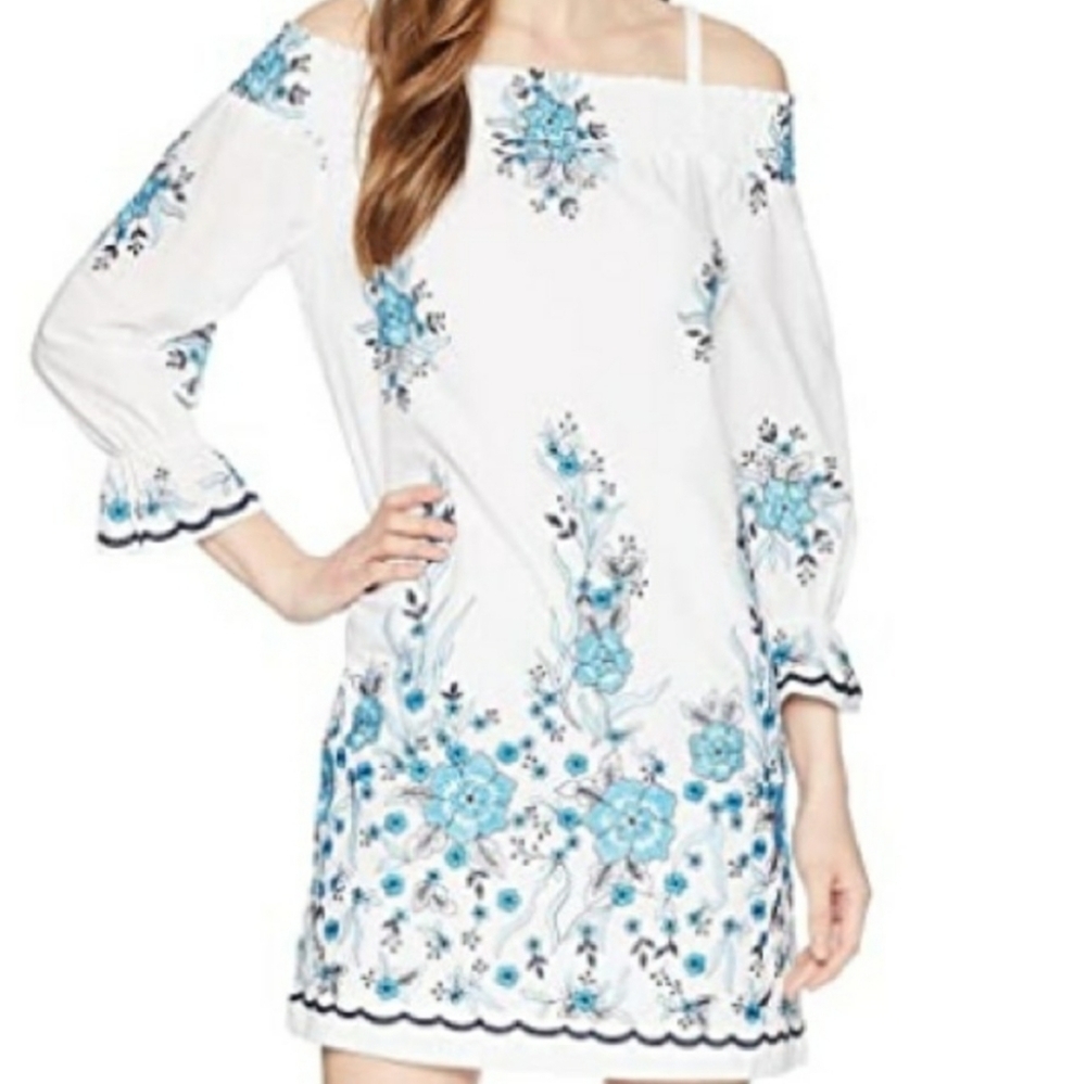 Calvin Klein Off The Shoulder Floral Embroidered Dress